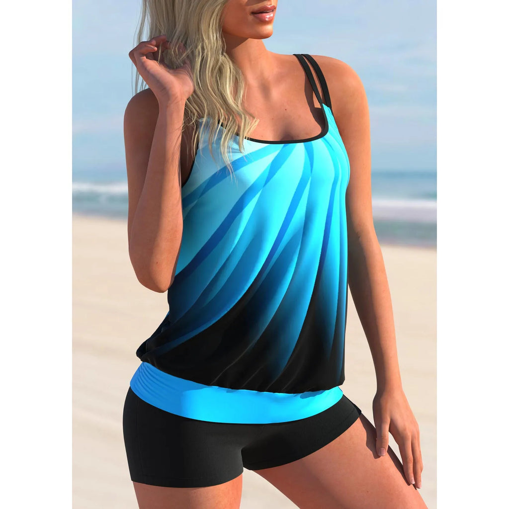 Plus size women's swimsuit set with strap top and matching shorts in Butterfly print pattern