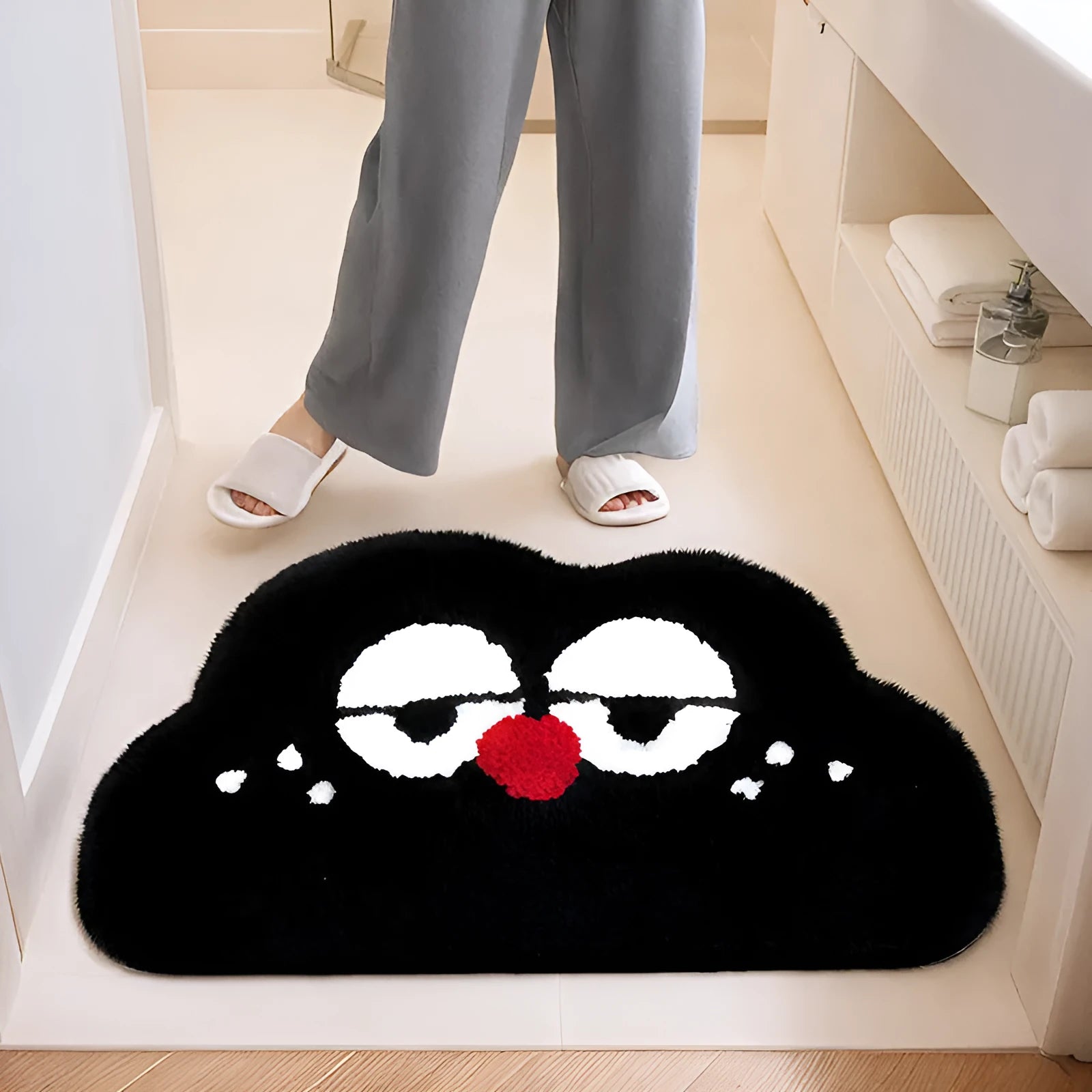 Cartoon printed bathroom mat in cashmere-like polyester fabric showing colour and size options