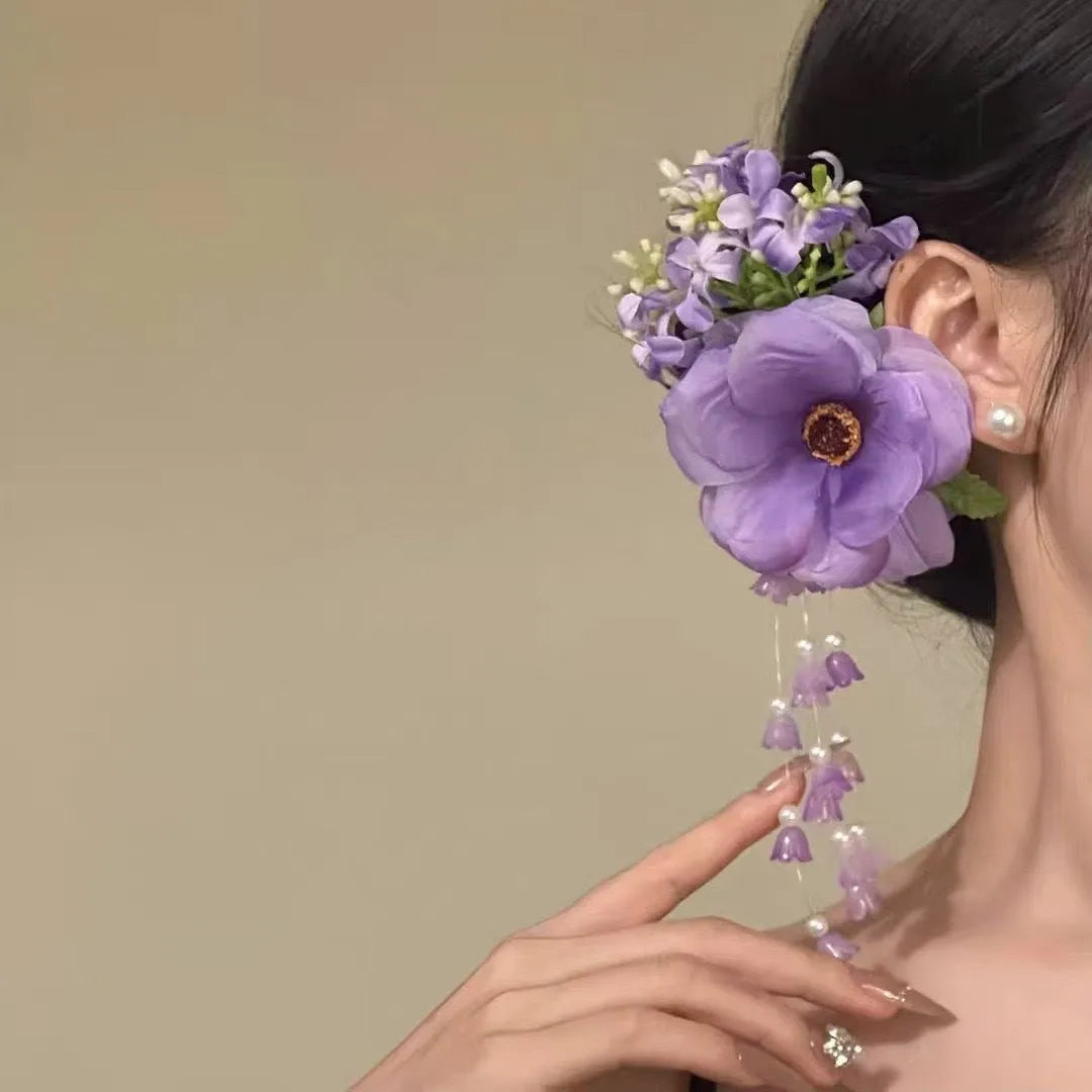 Women's floral tassel side hair clip in purple or yellow with mixed materials