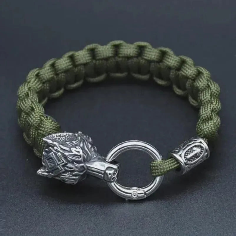 Polished stainless steel wolf head bracelet in camouflage colour showing animal modelling detail