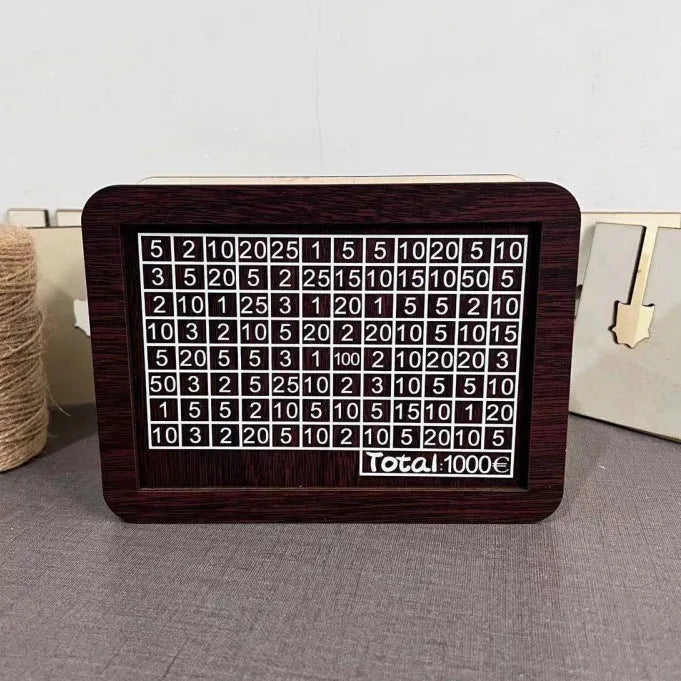 Wooden digital coin bank with LCD display showing currency library design