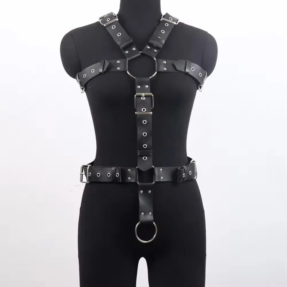 Black patent leather women's body shaper belt with adjustable pin buckle on mannequin