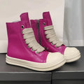 Black genuine leather high-top sneakers with side zip and stitching details on round toe design