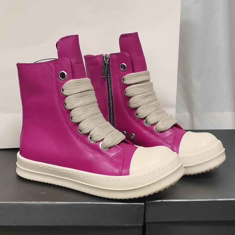 Black genuine leather high-top sneakers with side zip and stitching details on round toe design