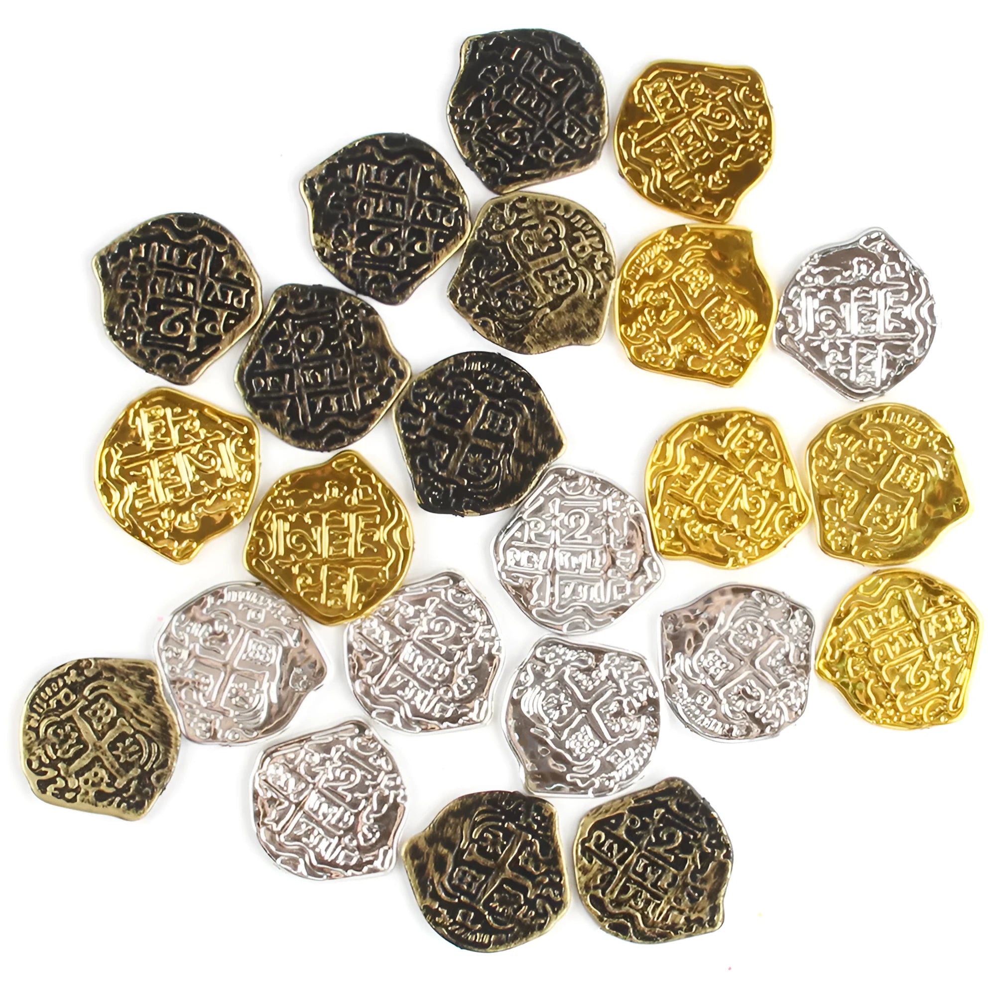 Close-up of gold, silver, and bronze plastic replica Roman pirate coins from a 100-piece set.