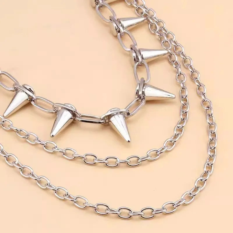 Silver punk rivet metal trousers chain measuring 115cm length with double-layer construction