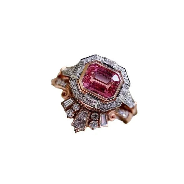 Rose gold geometric alloy women's ring with ruby detailing showing European retro style design