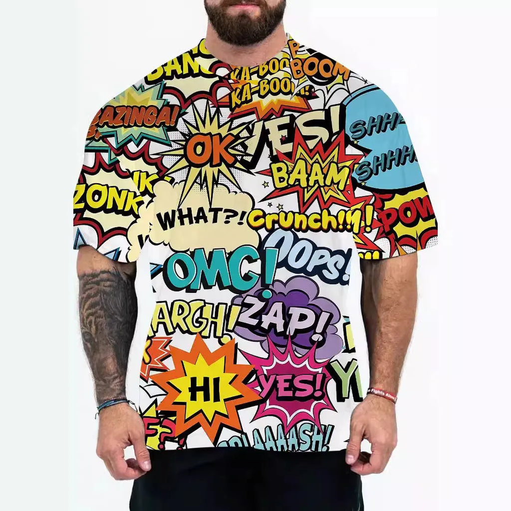 Men's loose fit short sleeve t-shirt with coloured letters print on a casual model.