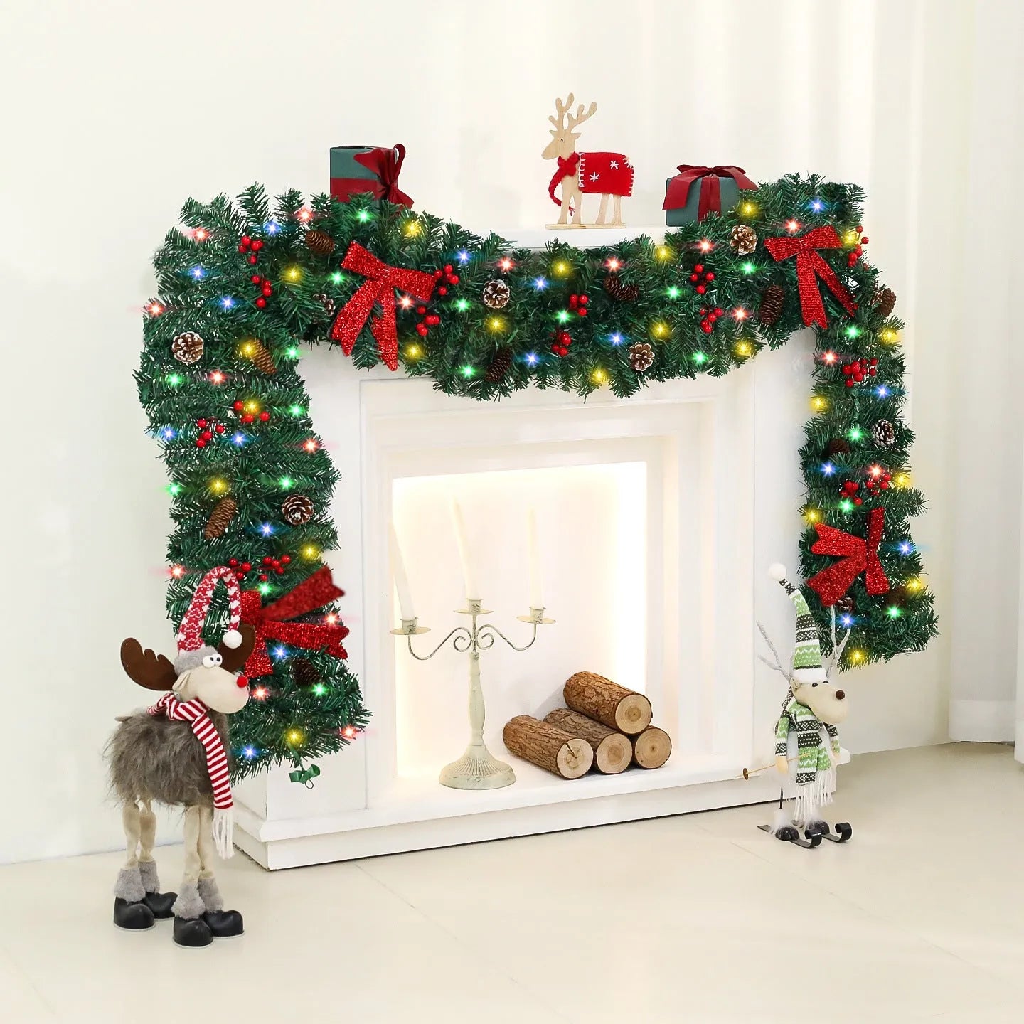 European style Christmas rattan decoration with pine cone bow design, available with coloured or warm white lighting options