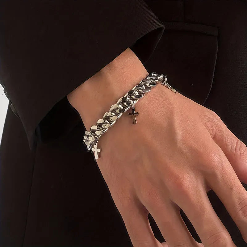Men's titanium steel bracelet with geometric design and cross motif in cold wind style