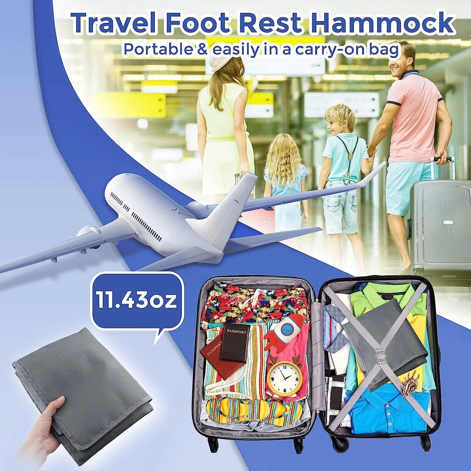 Blue portable children's aircraft pedal seat extender with extension device on cabin floor