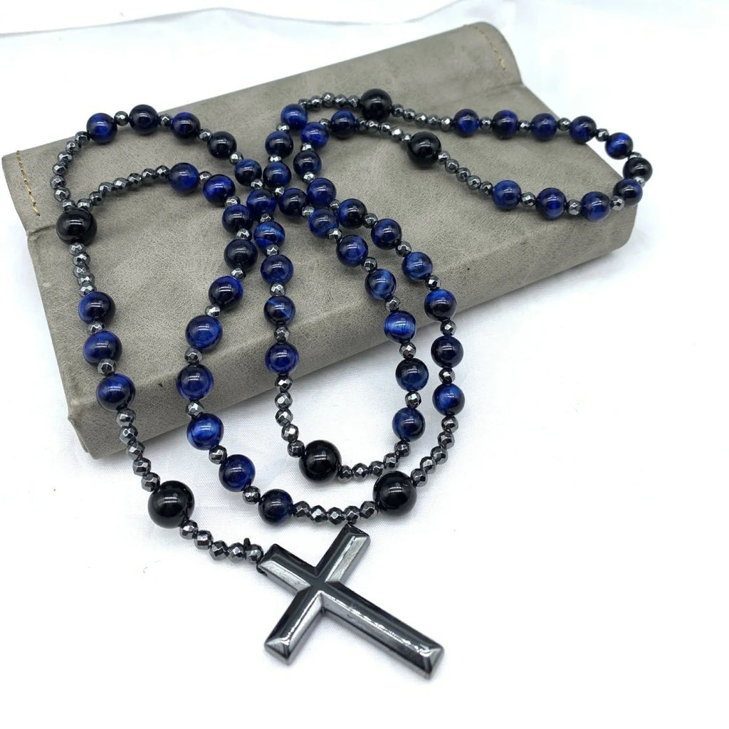 Men's geometric stone cross pendant on an 80cm ball bead chain with a safety lock.