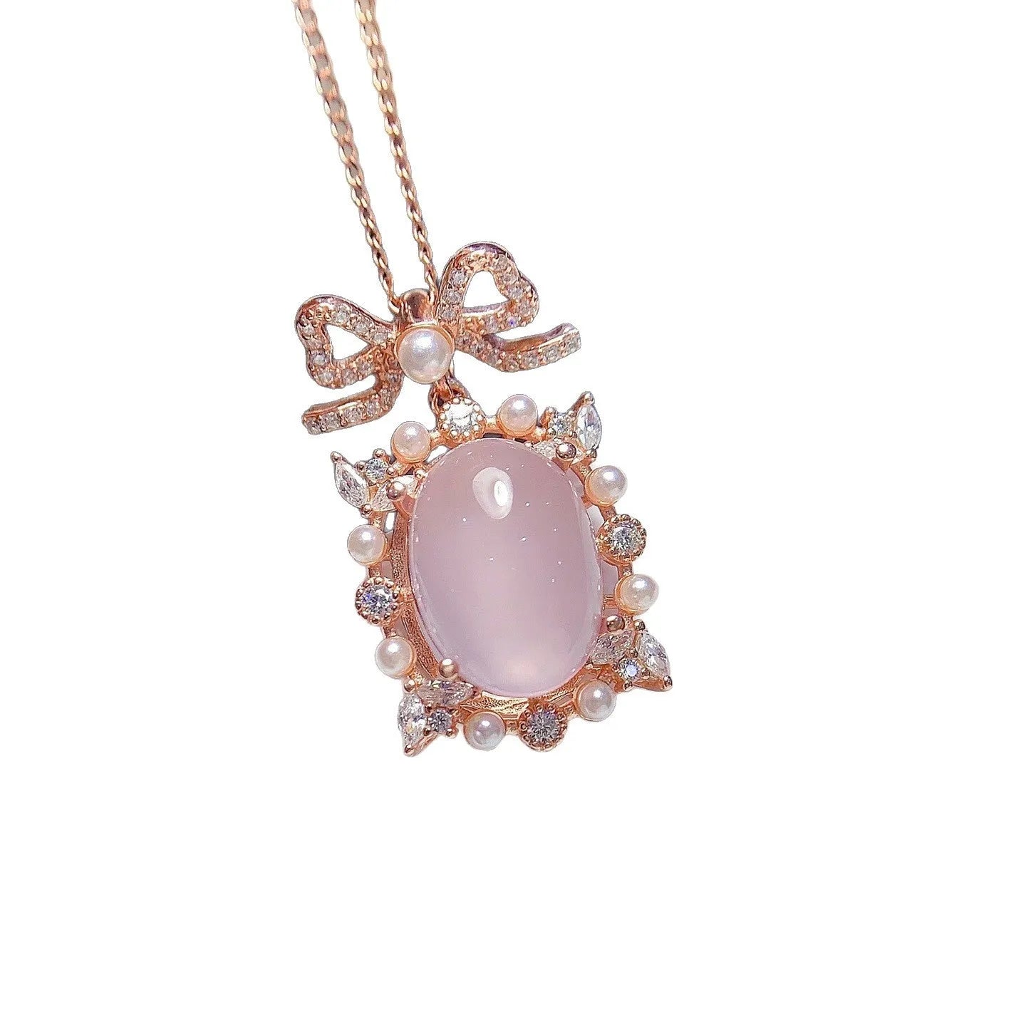 Natural pink rose quartz geometric pendant on sterling silver necklace with rose gold plating