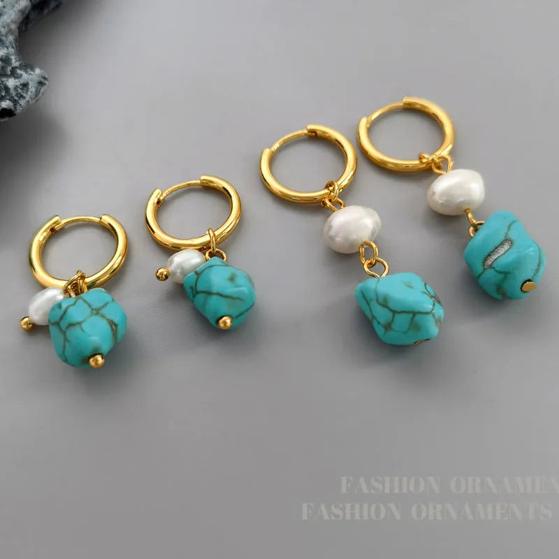 Turquoise geometric copper ear clip earring with irregular cultured pearls in short and long dangle styles