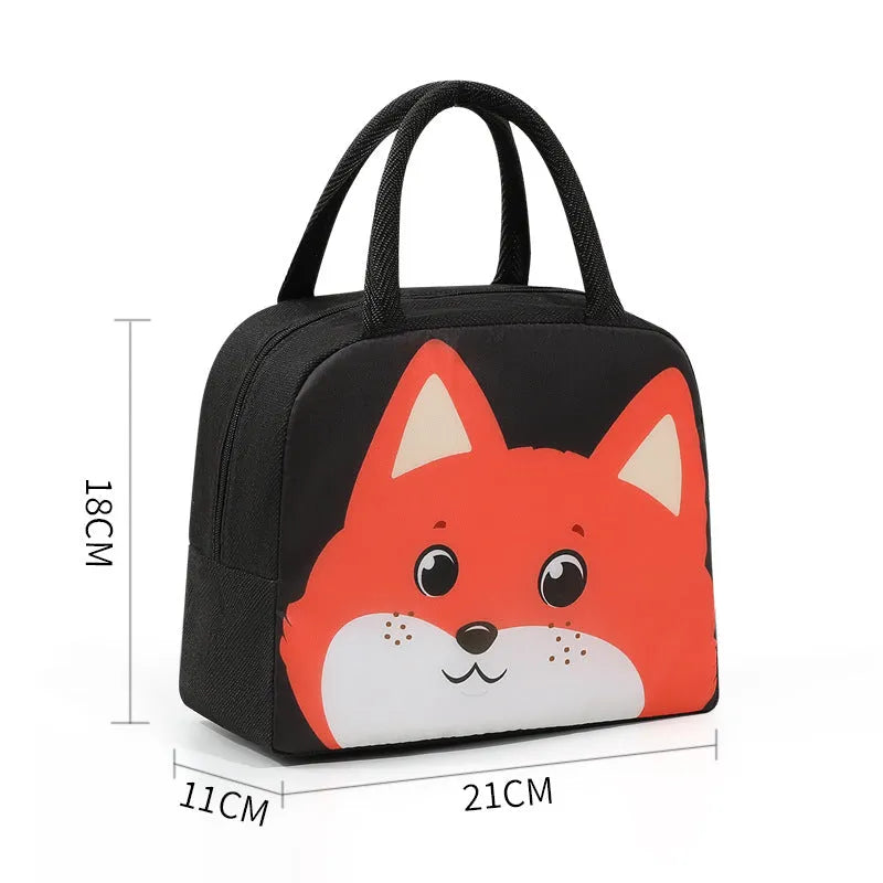 Cartoon insulated lunch box bag showing aluminium foil lining and Oxford cloth exterior