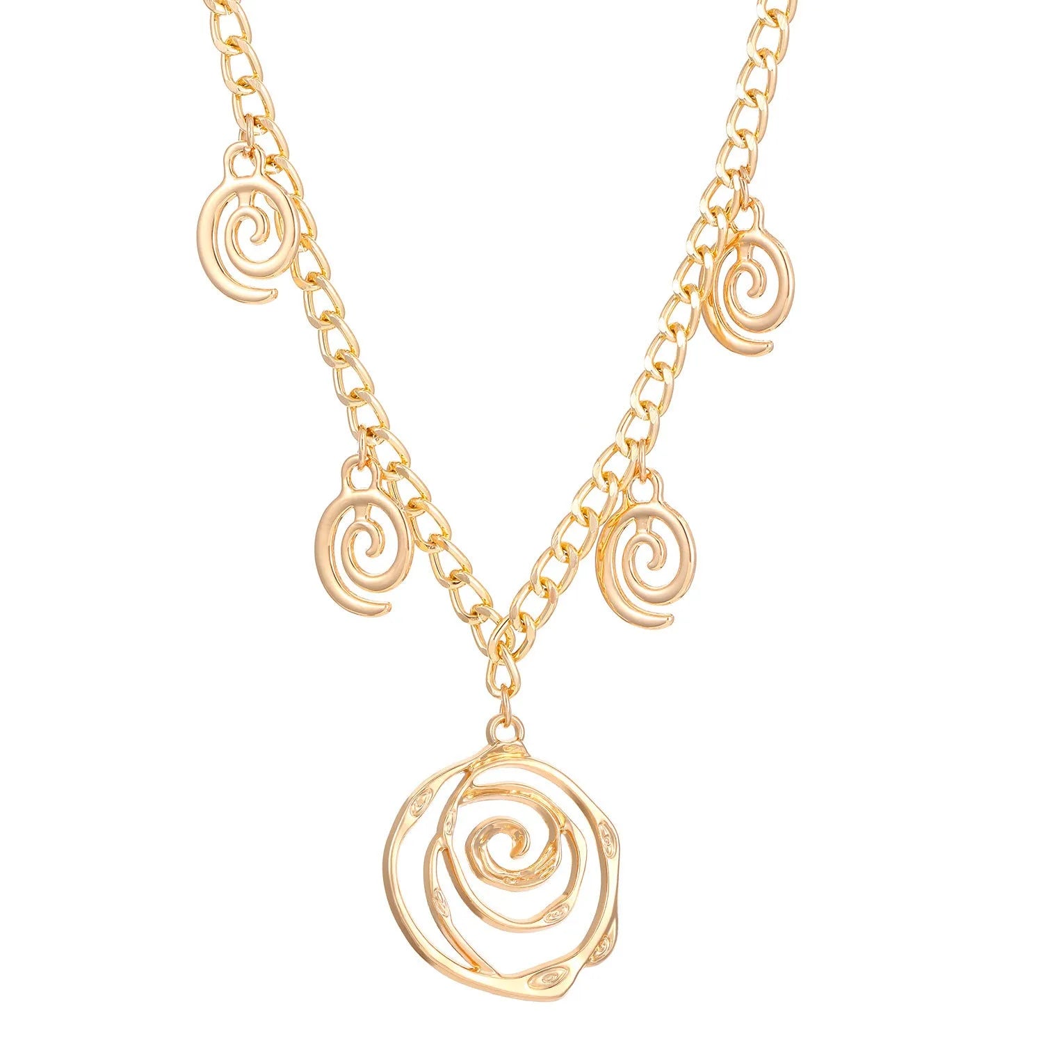 Gold spiral donut necklace, bracelet, and earrings set for women on a grey background.