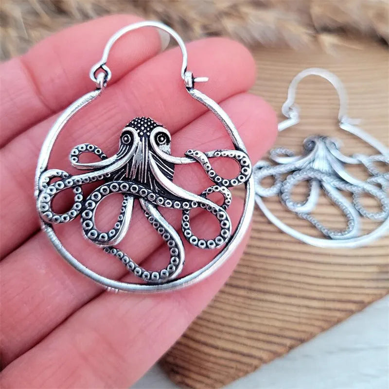 Vintage octopus earrings antique silver colour retro animal modelling zinc alloy electroplated