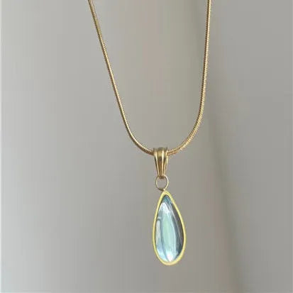 Retro water drop necklace with blue or green gemstone pendant on titanium steel snake bone chain