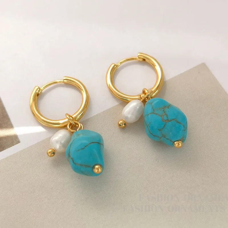Turquoise geometric copper ear clip earring with irregular cultured pearls in short and long dangle styles