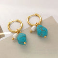Turquoise geometric copper ear clip earring with irregular cultured pearls in short and long dangle styles