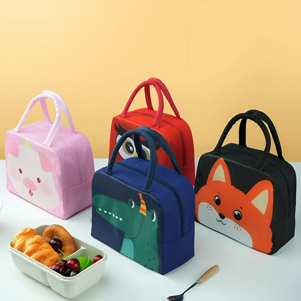 Cartoon insulated lunch box bag showing aluminium foil lining and Oxford cloth exterior