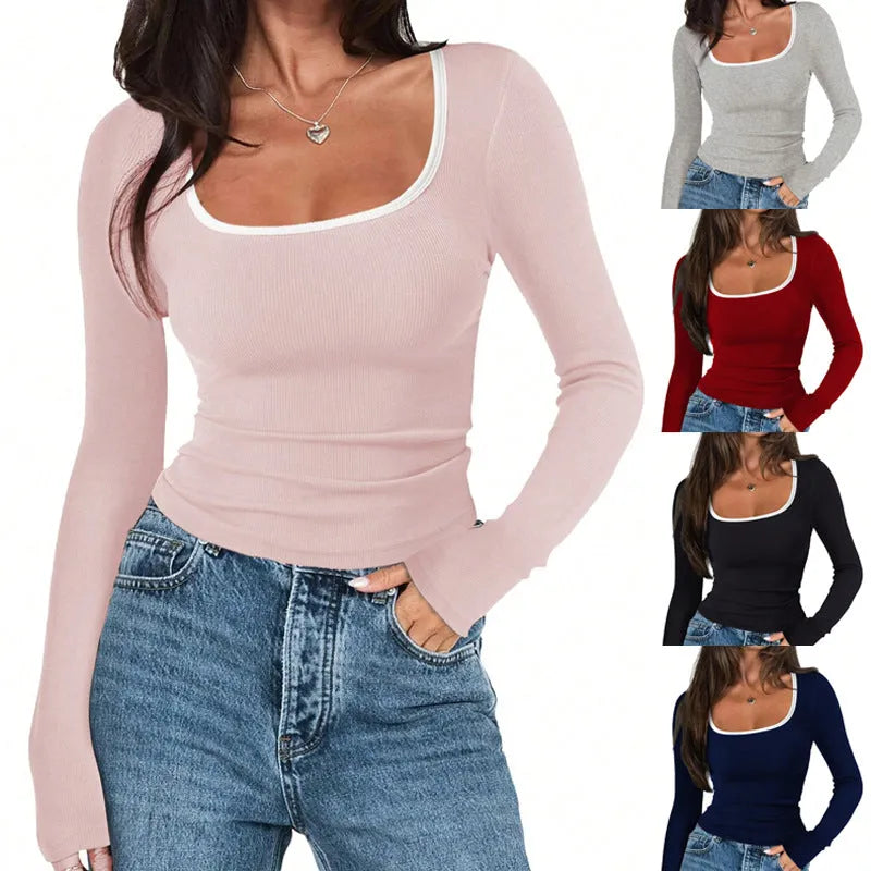 Women's square collar cotton pullover top in slim fit with long sleeves shown in light grey colour