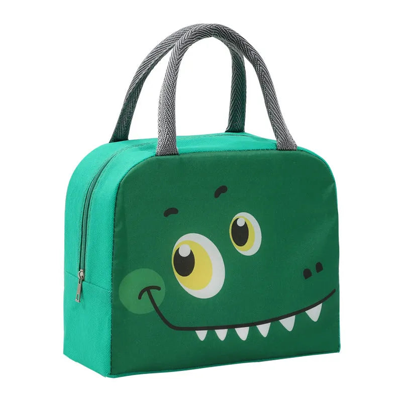 Cartoon insulated lunch box bag showing aluminium foil lining and Oxford cloth exterior