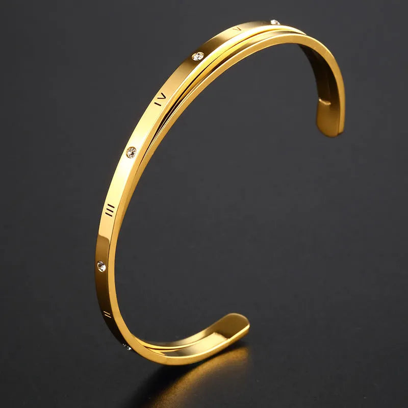 Women's stainless steel open-ended bracelet with zircon detailing in rose gold electroplated finish