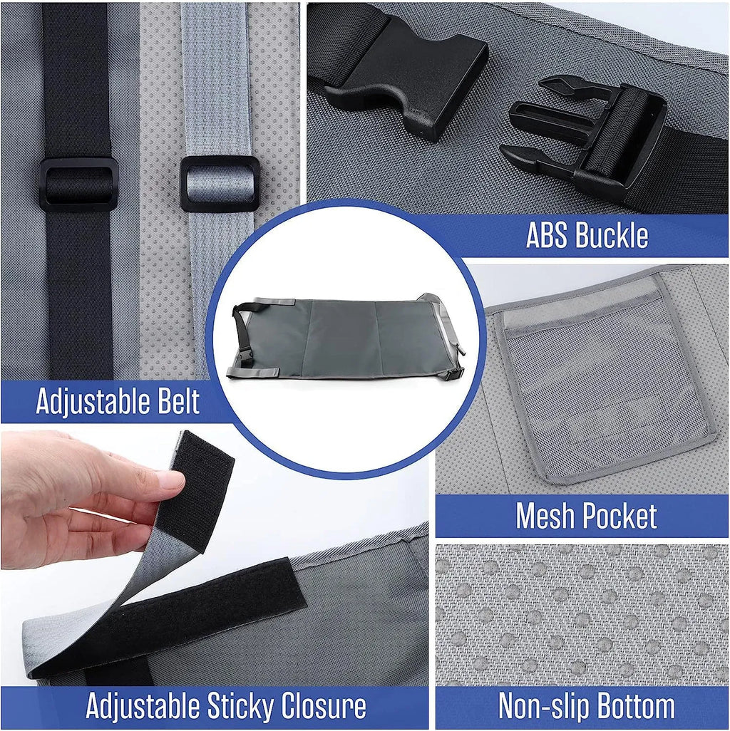 Blue portable children's aircraft pedal seat extender with extension device on cabin floor