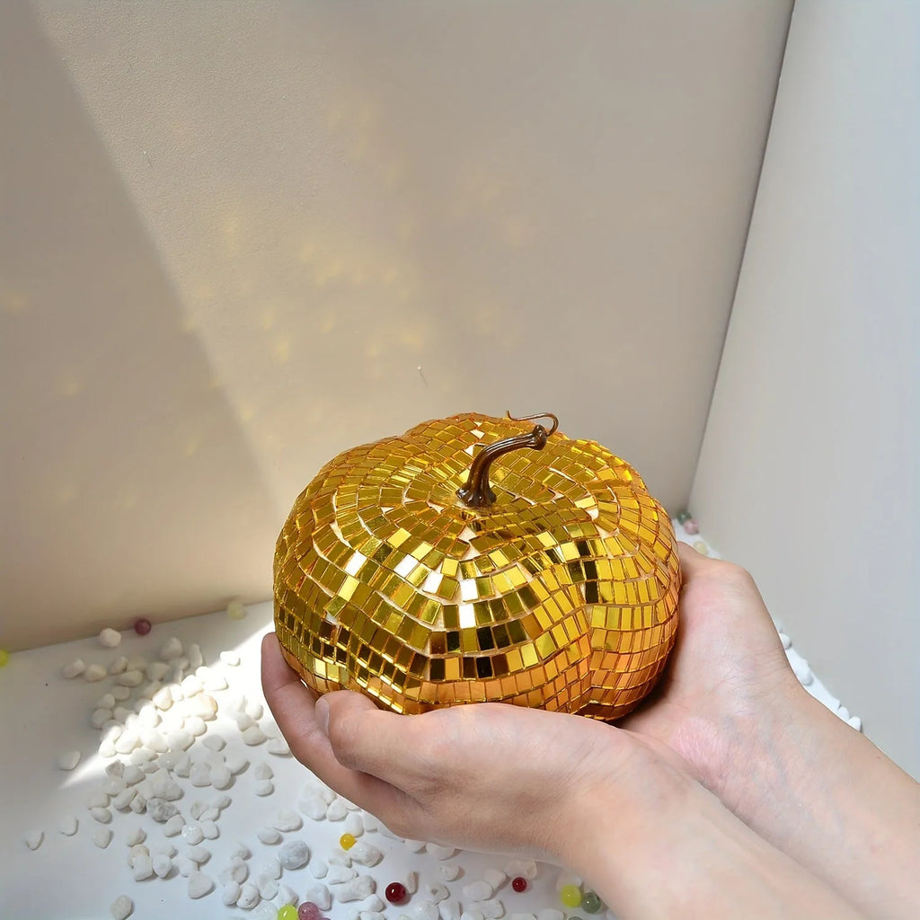 Glass pumpkin Halloween decoration with embroidered details in Chinese style, showing size options