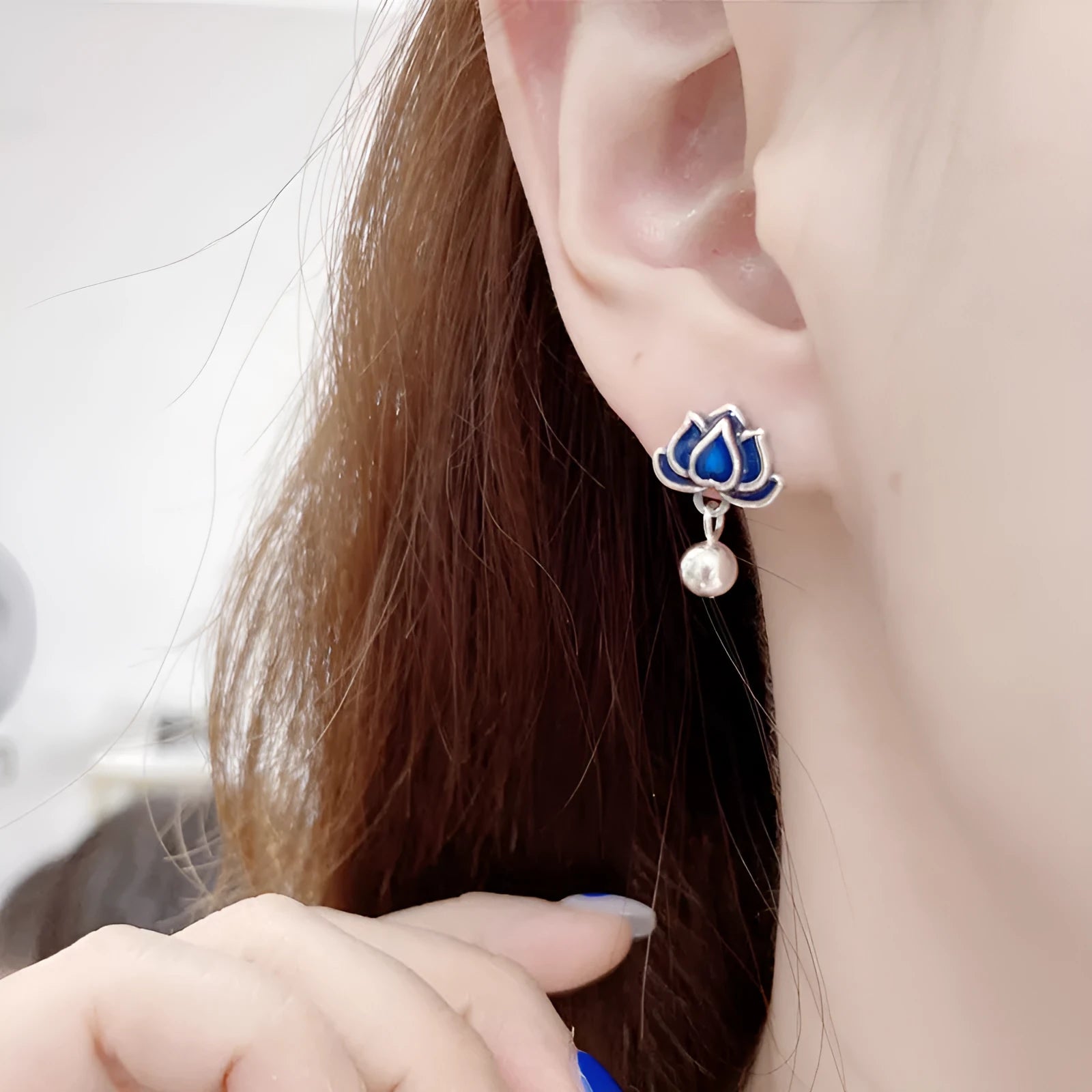 Blue lotus earrings with seedpod tassel design, silver alloy floral ear studs