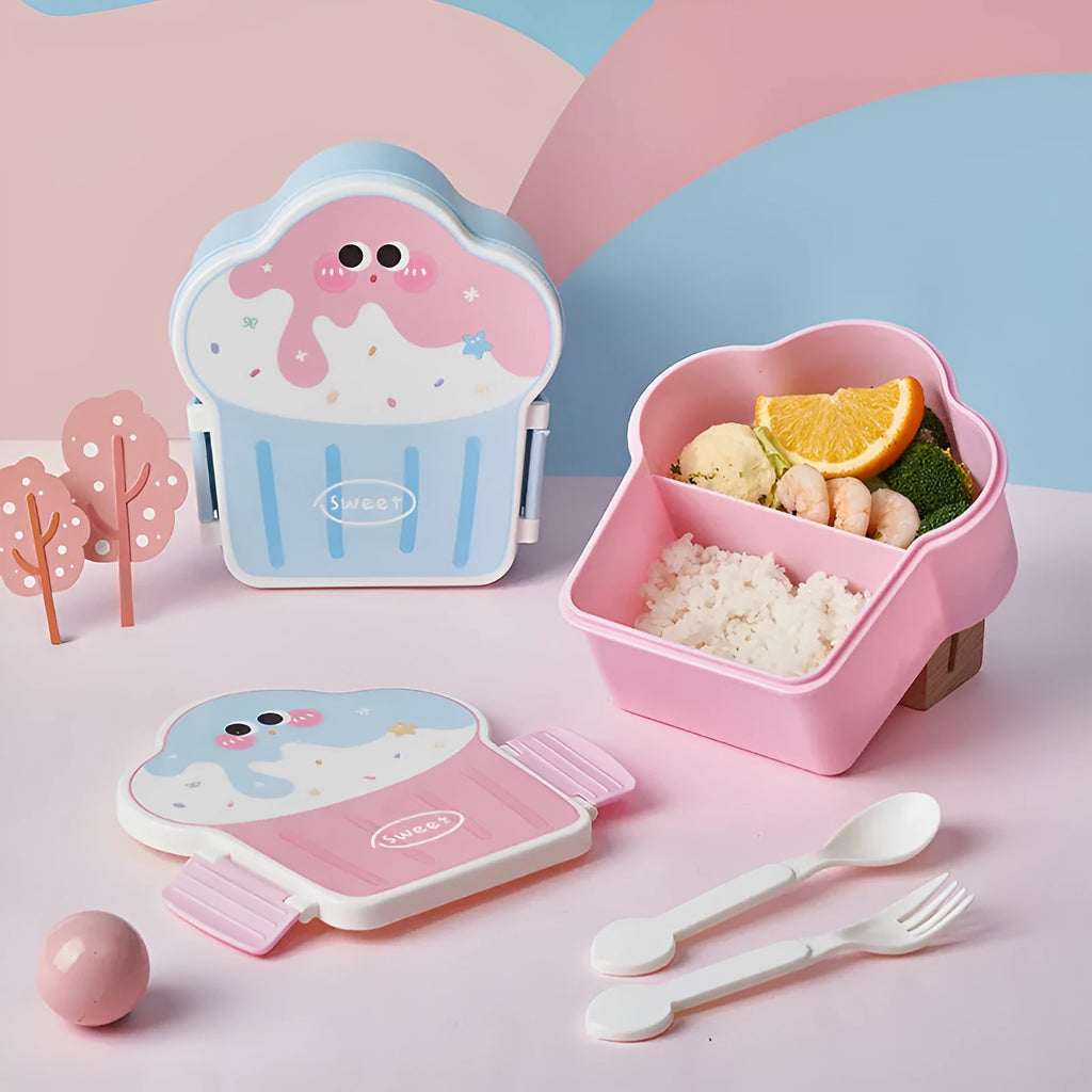 Pink and blue ice cream shaped plastic lunch boxes with bento compartments, includes spoon and fork