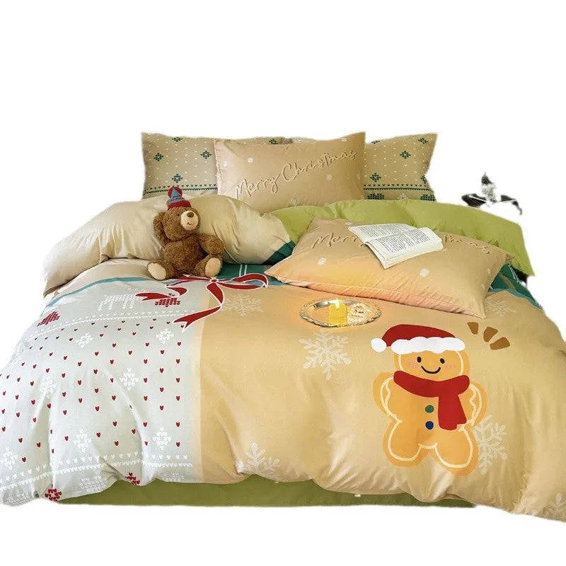 Christmas cartoon printed four-piece bedding set on a bed, showing Gingerbread Man pattern.