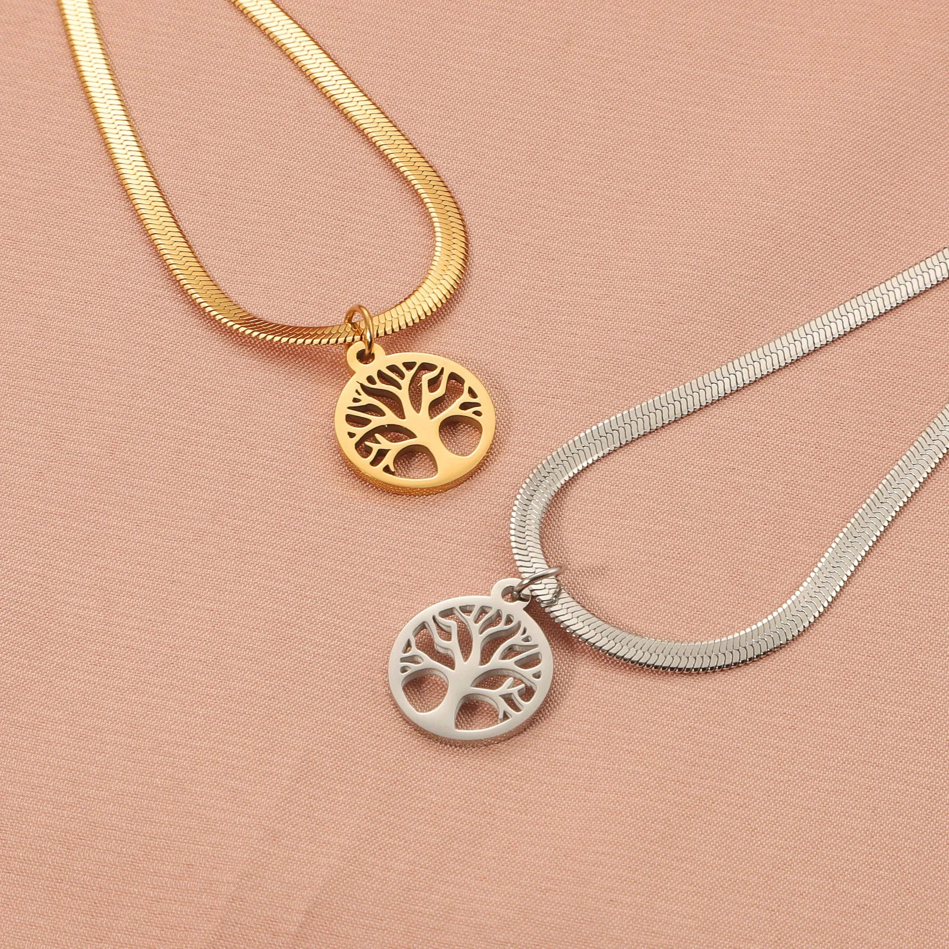 Stainless steel necklace with tree pendant on snake bones chain in gold or steel colour