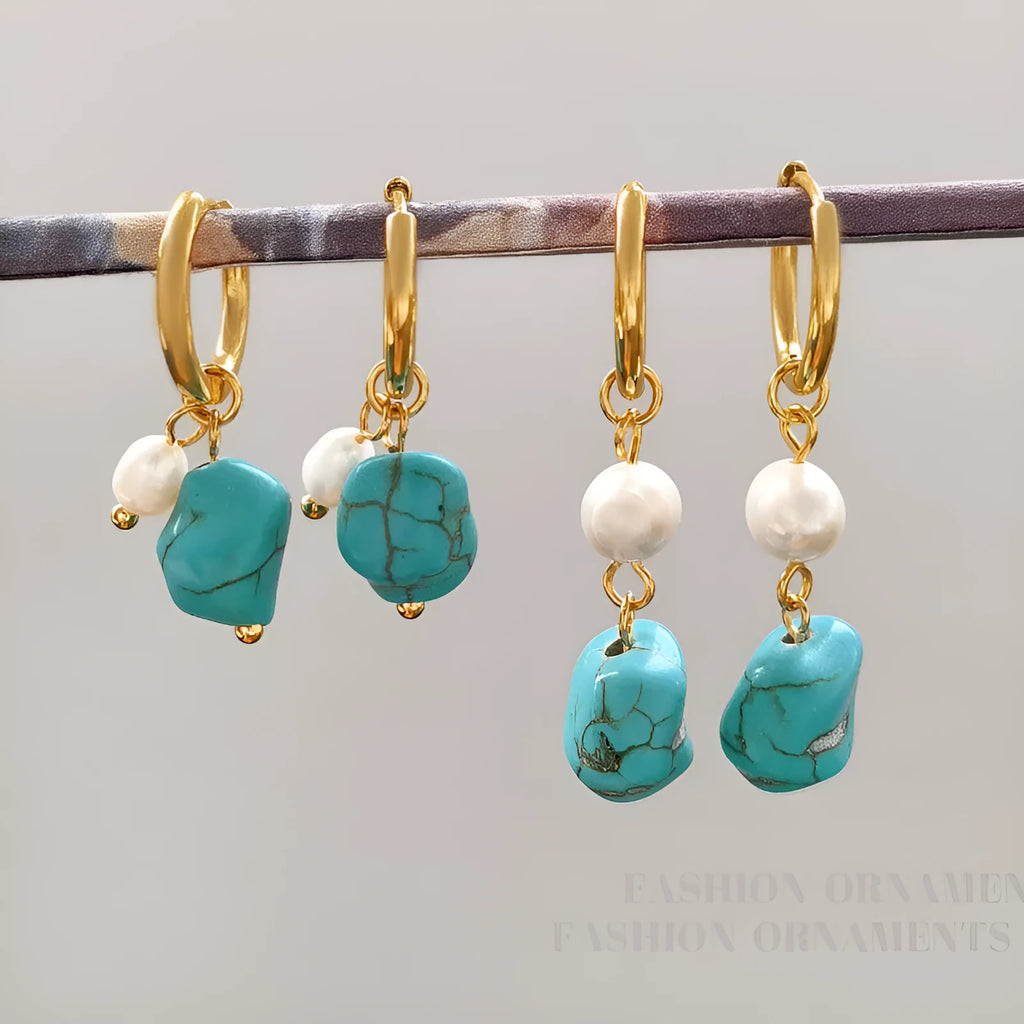 Turquoise geometric copper ear clip earring with irregular cultured pearls in short and long dangle styles
