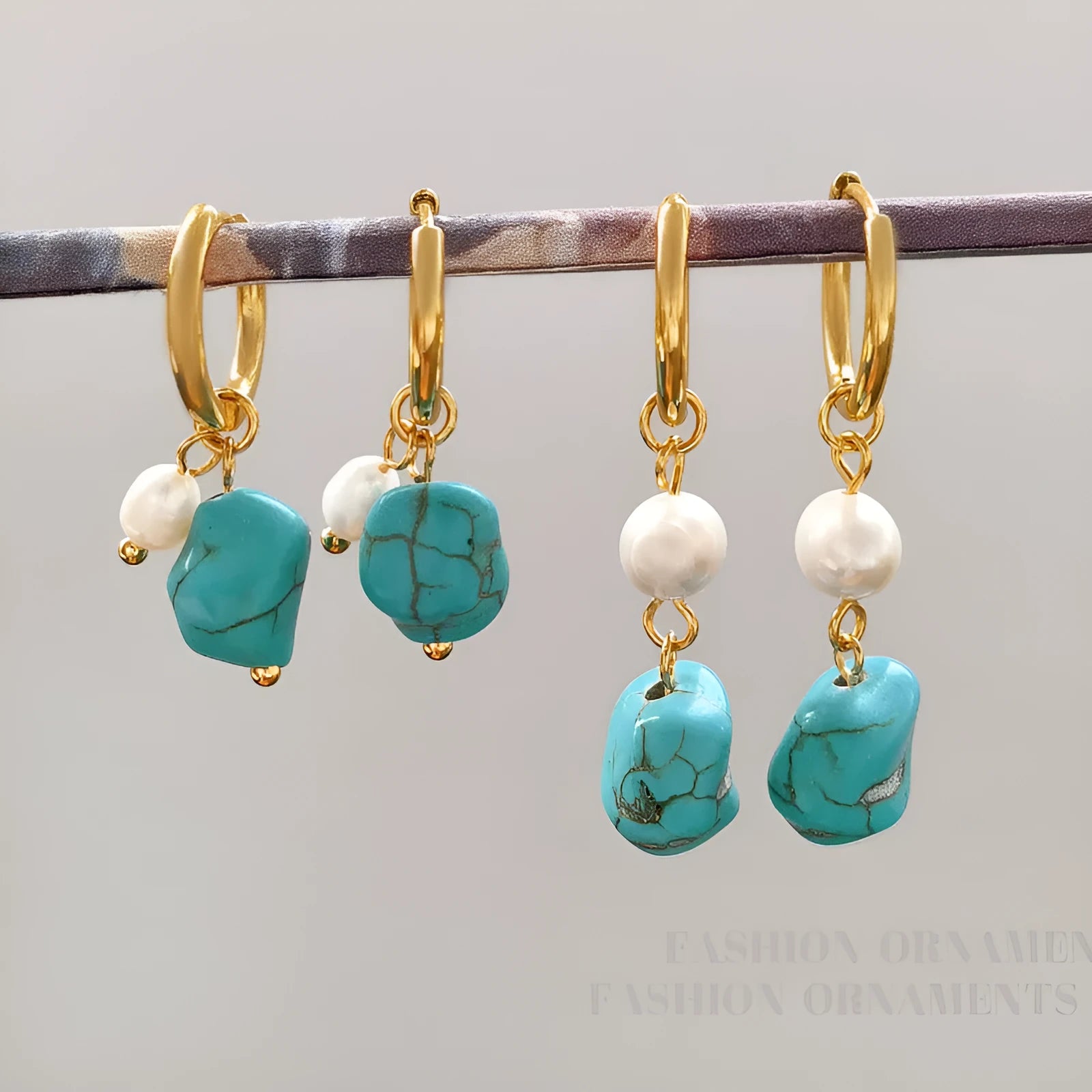 Turquoise geometric copper ear clip earring with irregular cultured pearls in short and long dangle styles