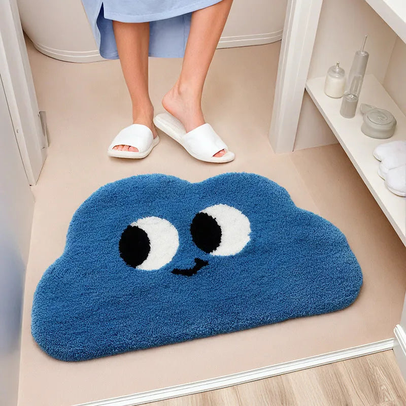 Cartoon printed bathroom mat in cashmere-like polyester fabric showing colour and size options