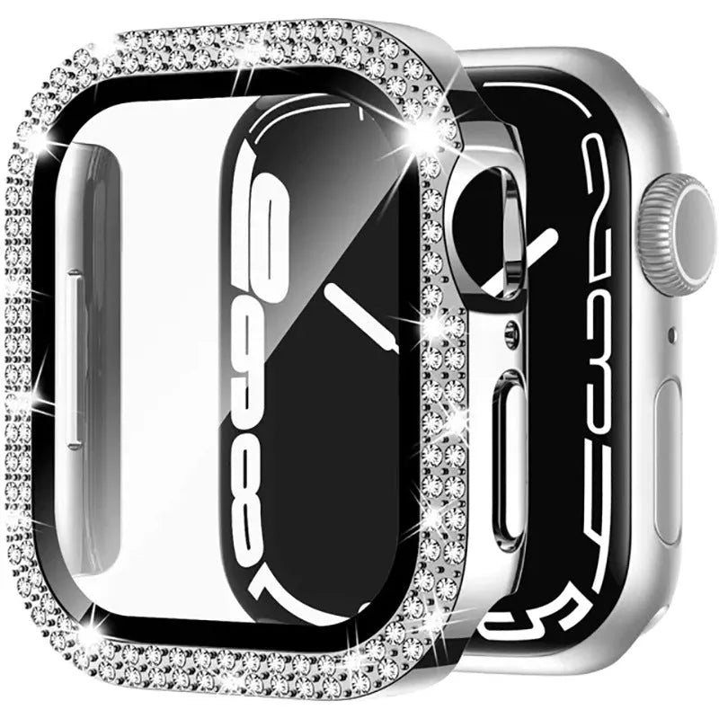 Apple Watch protective case with double diamond glass in rose pink, gold, silver, and black colour options.