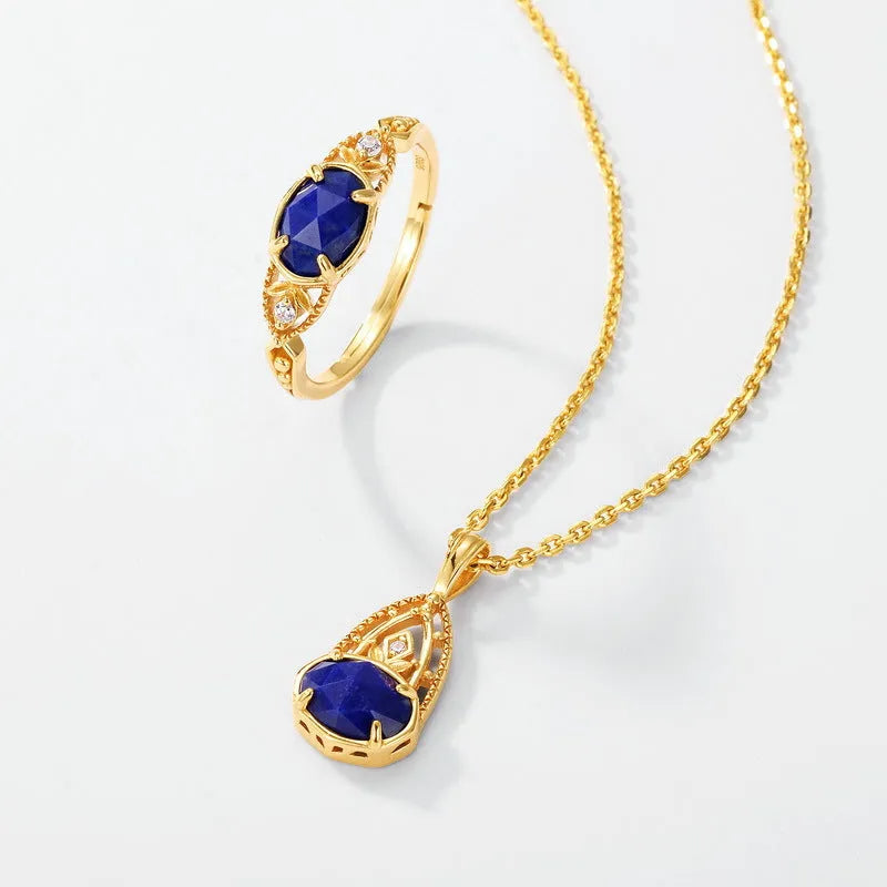 Japanese style geometric silver alloy ring with genuine blue lapis lazuli stone elliptical women's jewellery