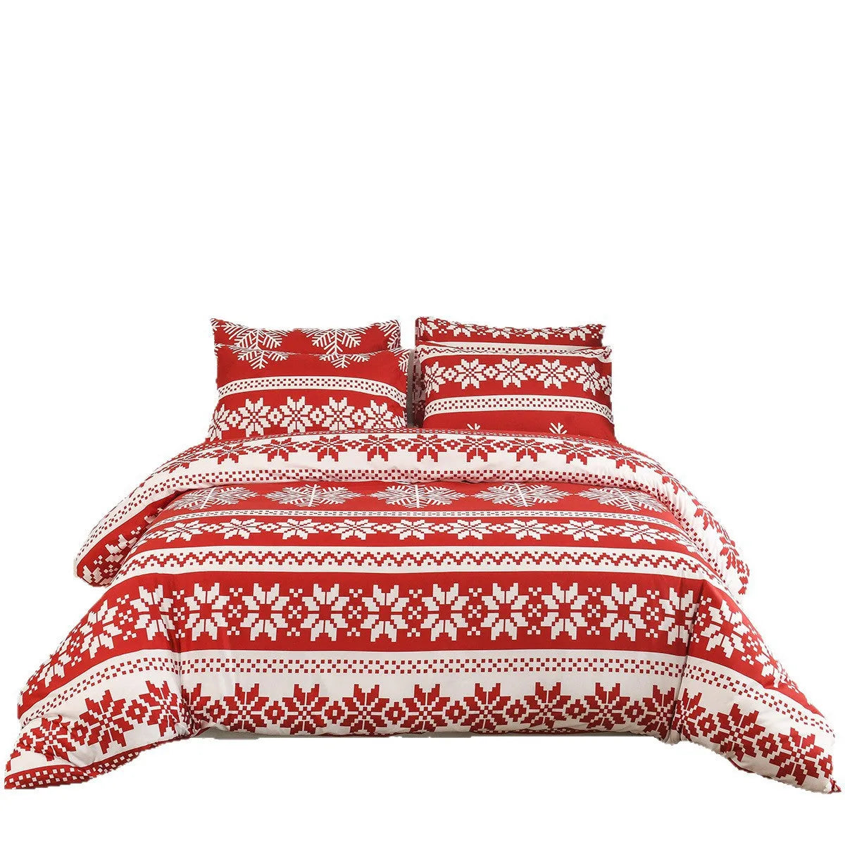 Red Winter Sleepers quilt cover and pillowcases with Christmas Love Song pattern on a bed.
