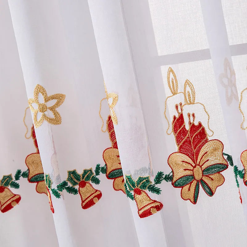 A pair of American-style Christmas curtains with white embroidered snowflakes on semi-sunshade polyester fabric.