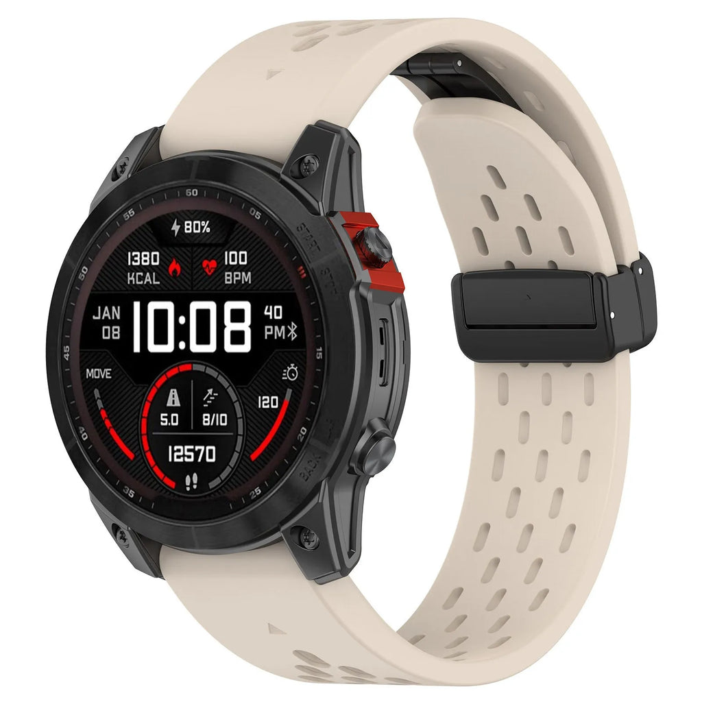 Quick-release watch strap for Fenix 8 and Fenix 7 Pro watches in various colours showing porous texture and included screwdriver tool.