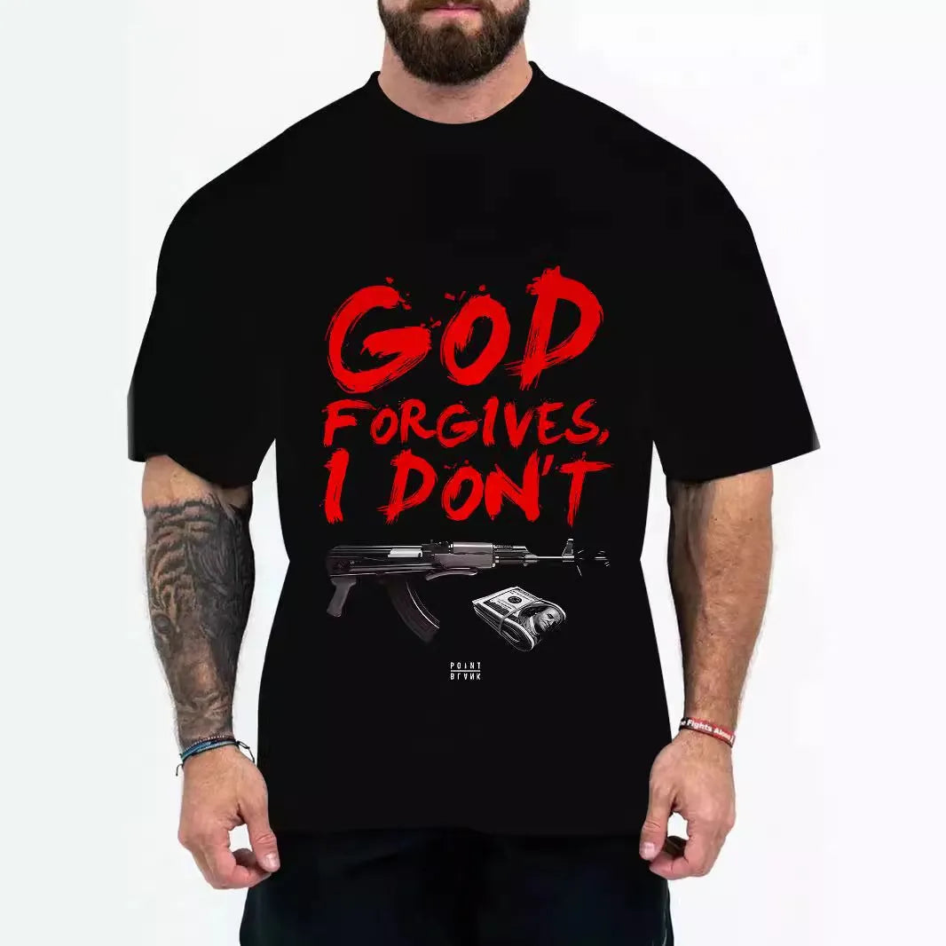 Men's loose fit short sleeve t-shirt with coloured letters print on a casual model.