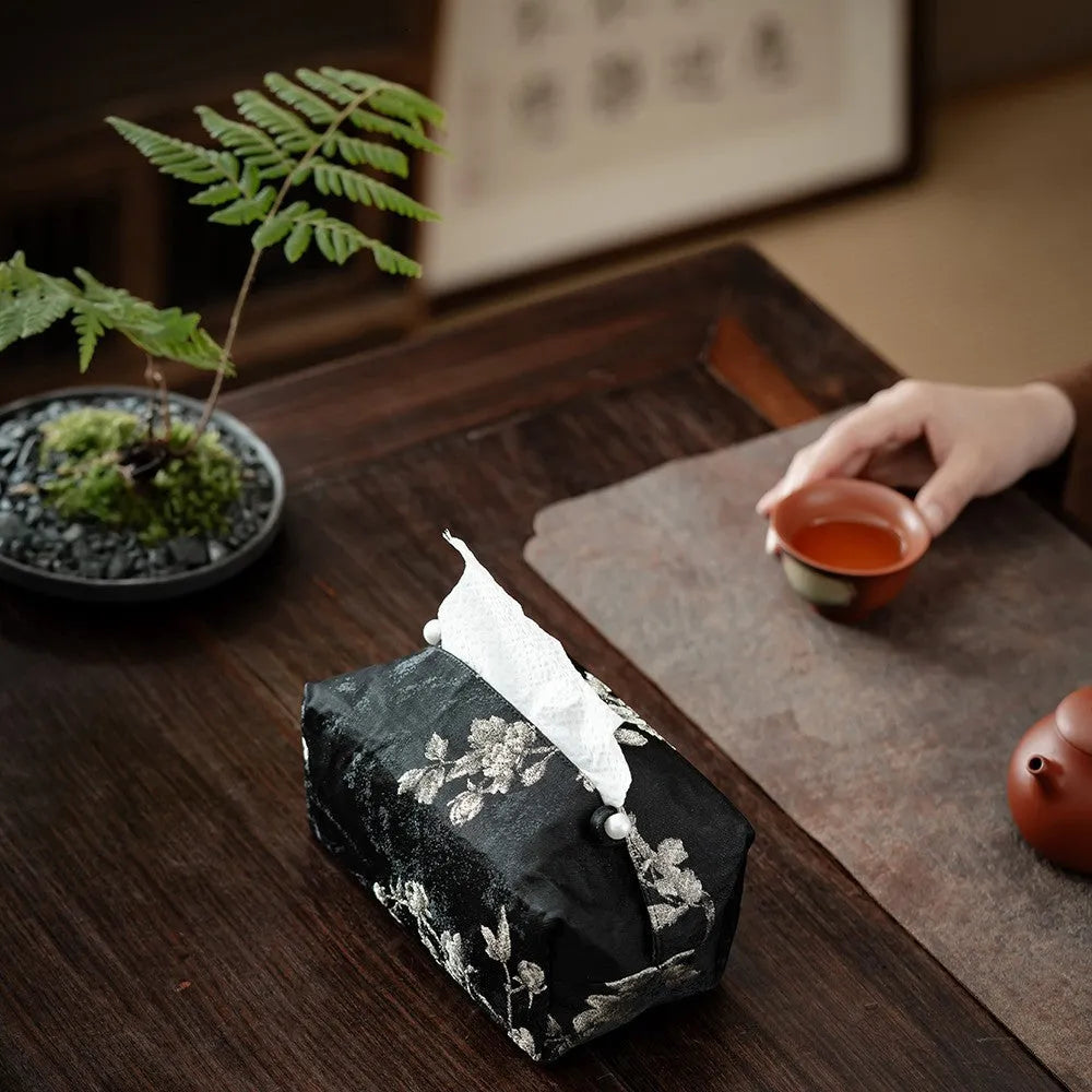 New Chinese style brocade tissue box cover with white plum embroidery pattern