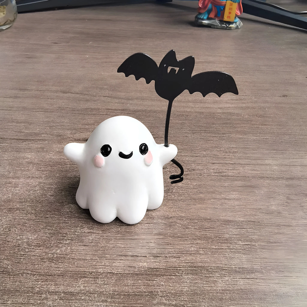 Small resin ghost walking dog Halloween statue in ghost holding bat colour
