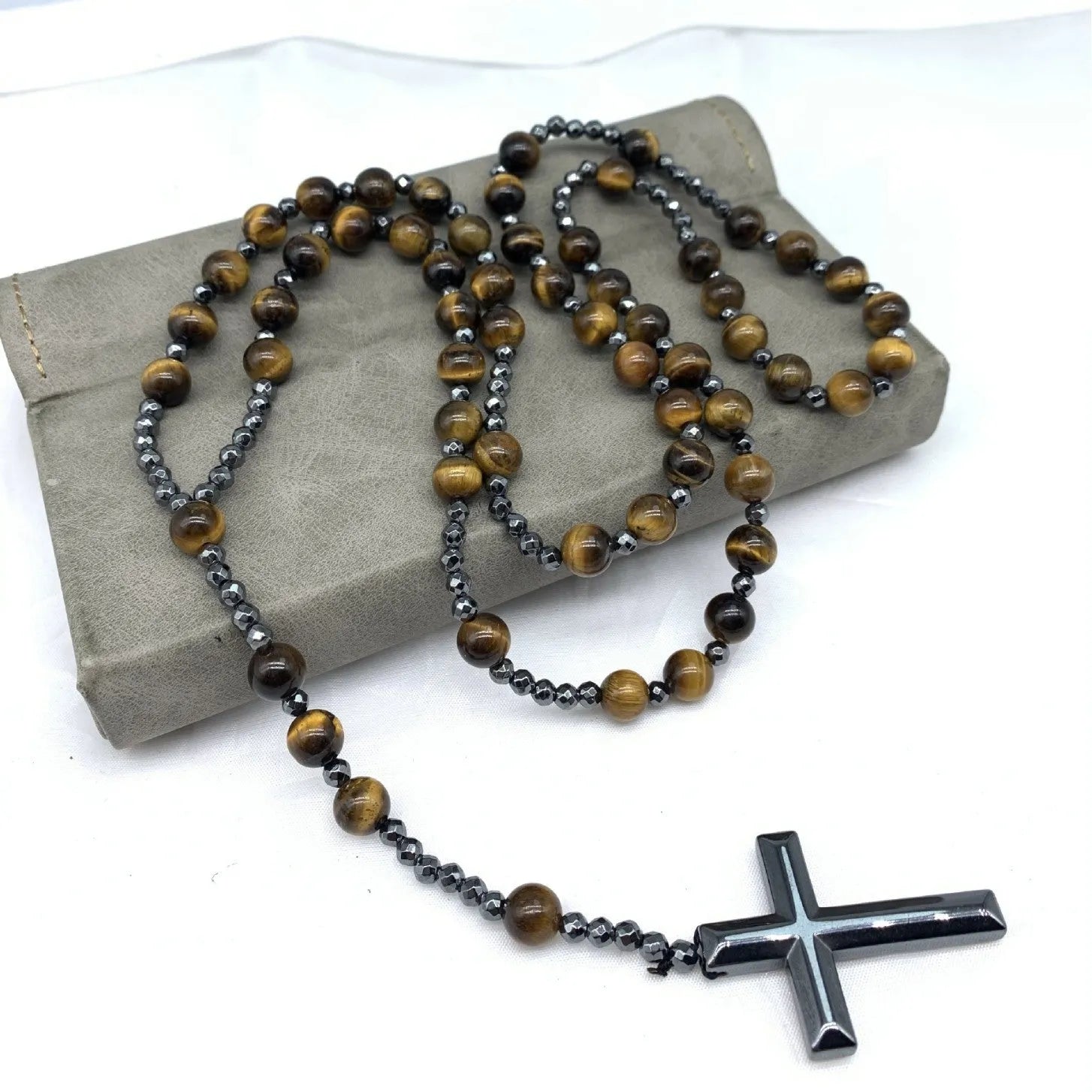 Men's geometric stone cross pendant on an 80cm ball bead chain with a safety lock.