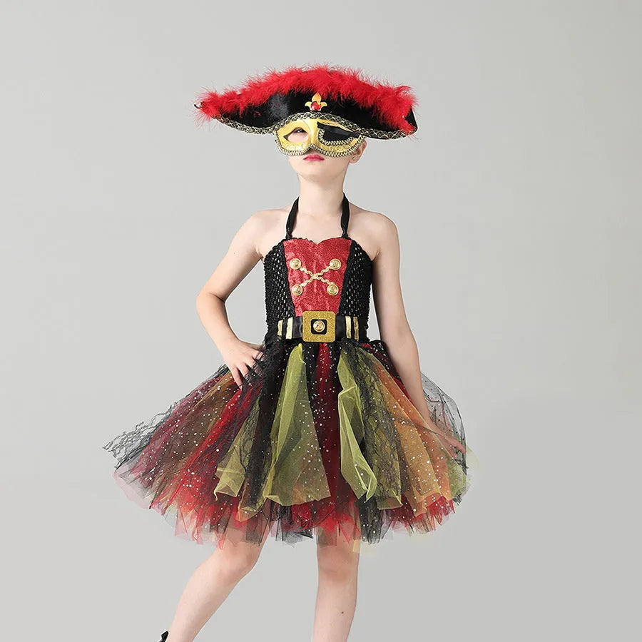 Girls' sleeveless pirate costume dress with black sequins, gauze mesh, and lace trim for Halloween.
