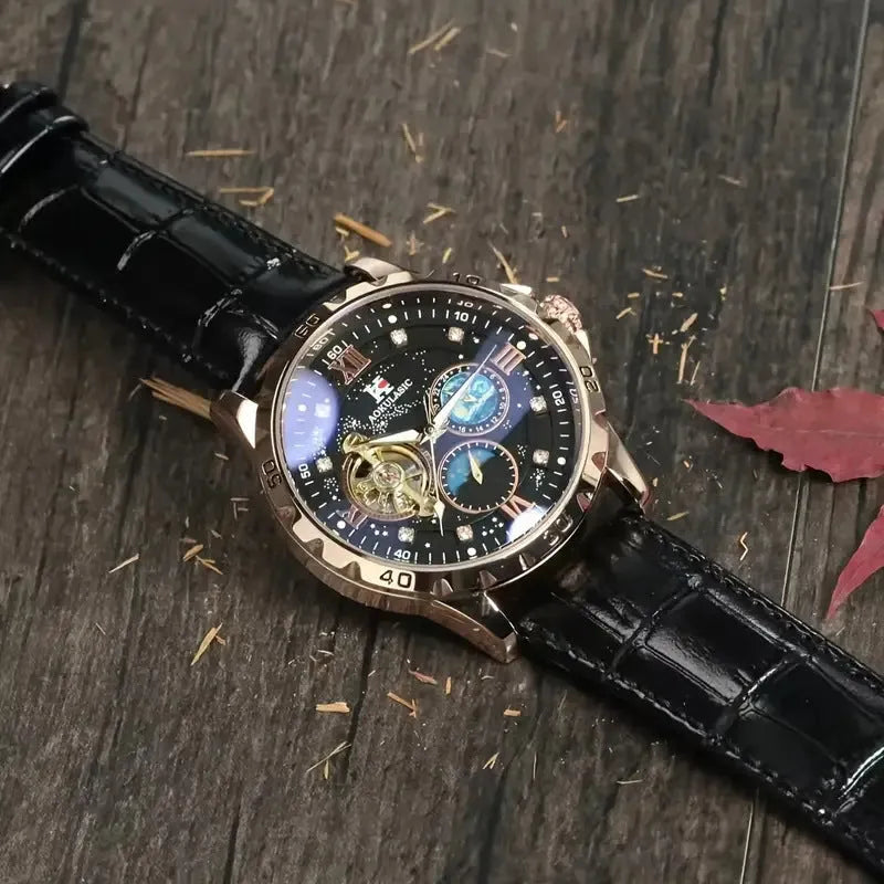 Men's black and rose gold automatic mechanical watch with large hollow dial and genuine leather strap
