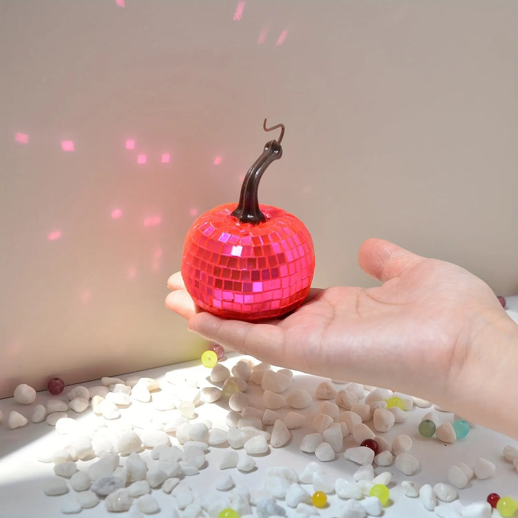 Glass pumpkin Halloween decoration with embroidered details in Chinese style, showing size options