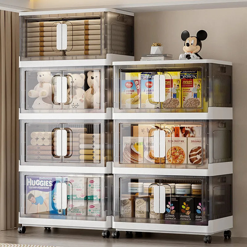 Foldable household storage locker with wheels in white or grey, showing single or double door options.